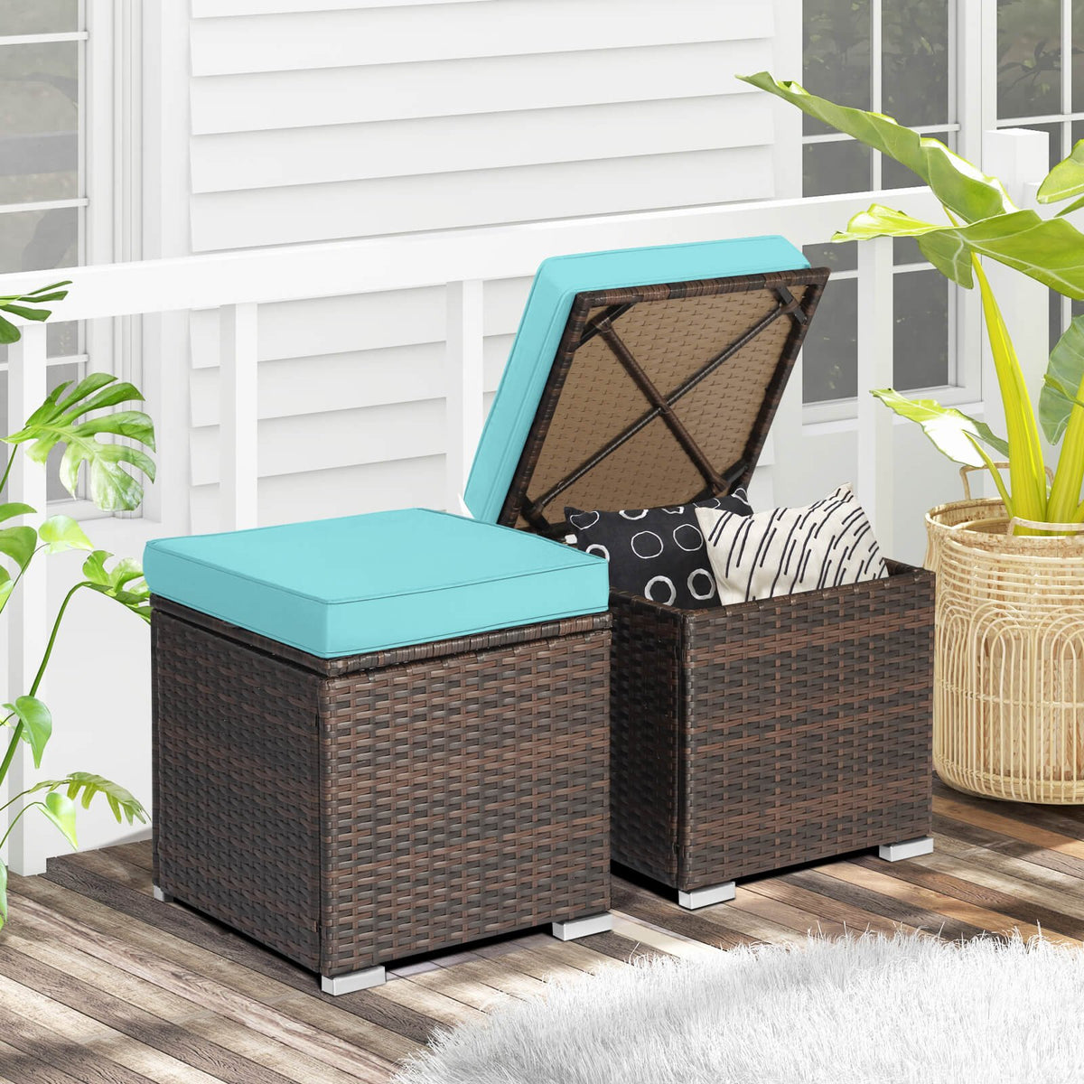 2 Pieces Patio Ottoman with Removable Cushions-Turquoise view 3