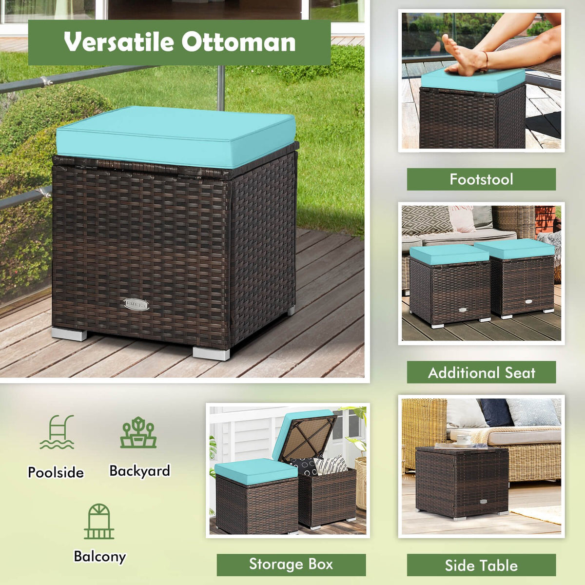 2 Pieces Patio Ottoman with Removable Cushions-Turquoise view 6