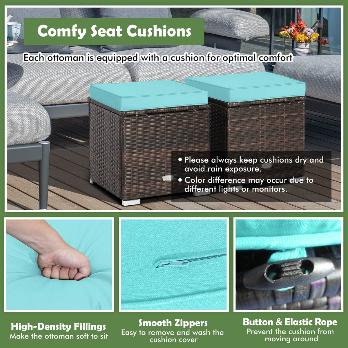 2 Pieces Patio Ottoman with Removable Cushions-Turquoise view 7