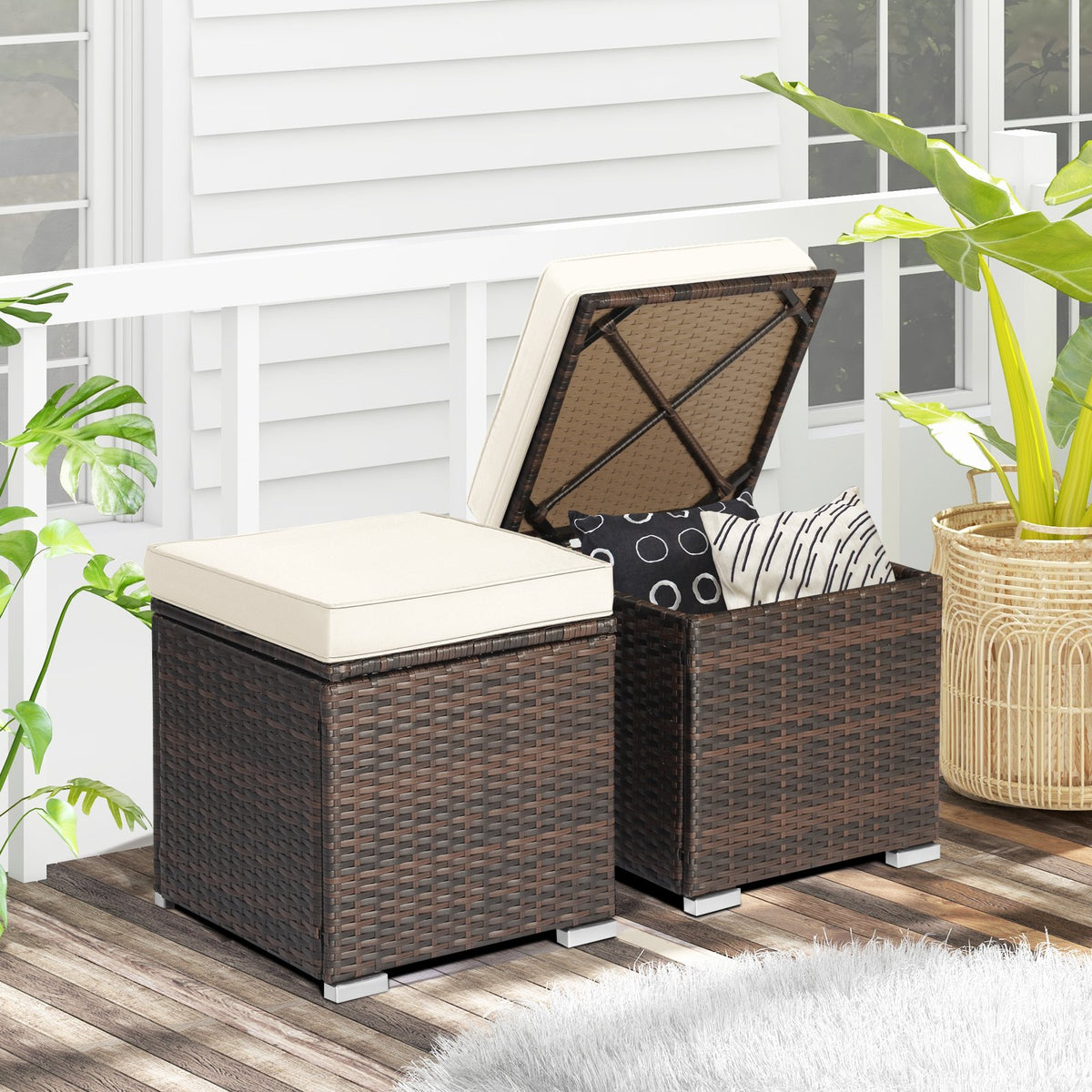 2 Pieces Patio Ottoman with Removable Cushions-White view 3