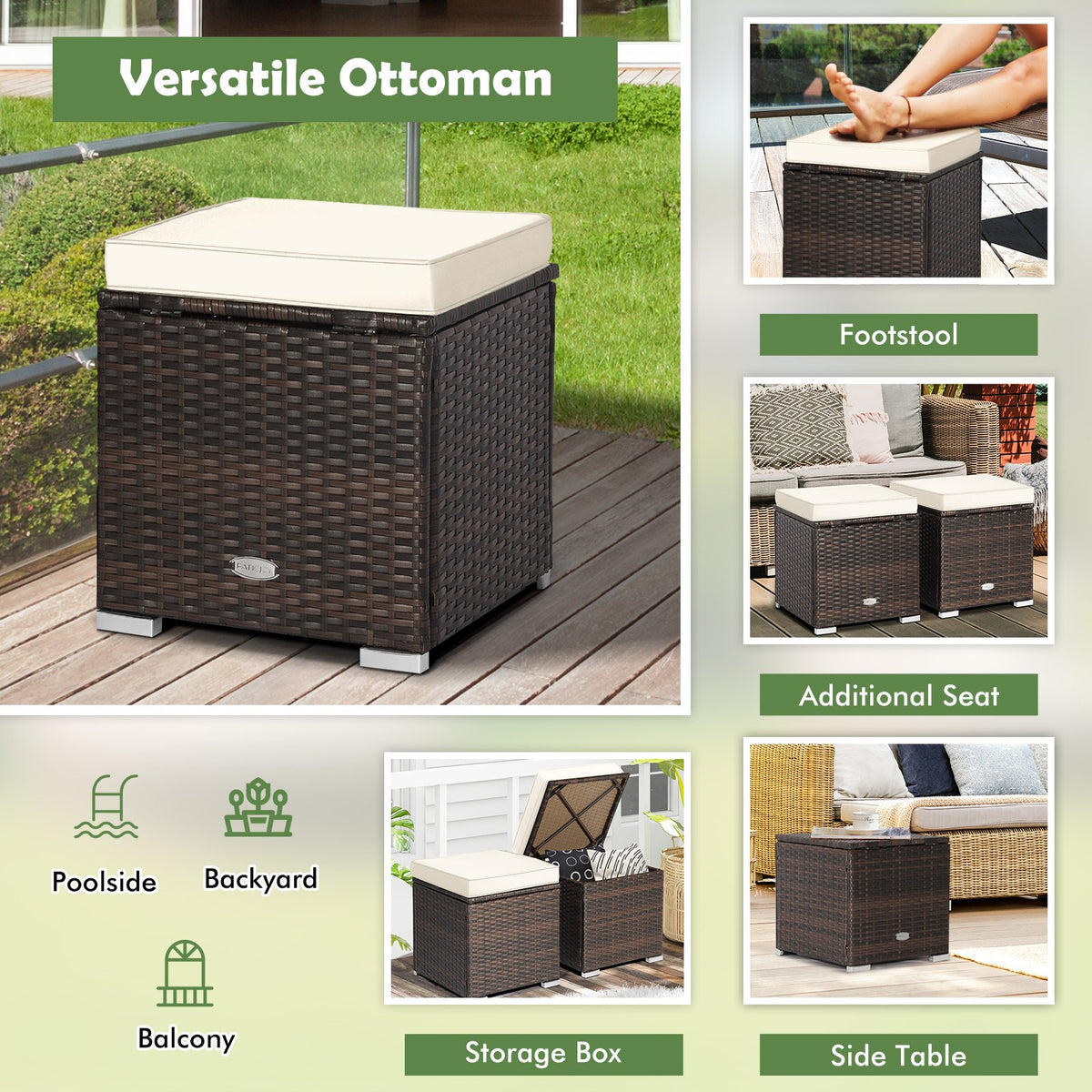 2 Pieces Patio Ottoman with Removable Cushions-White view 6