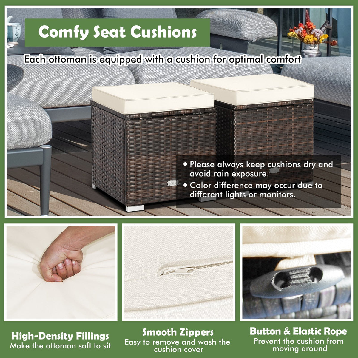2 Pieces Patio Ottoman with Removable Cushions-White view 7