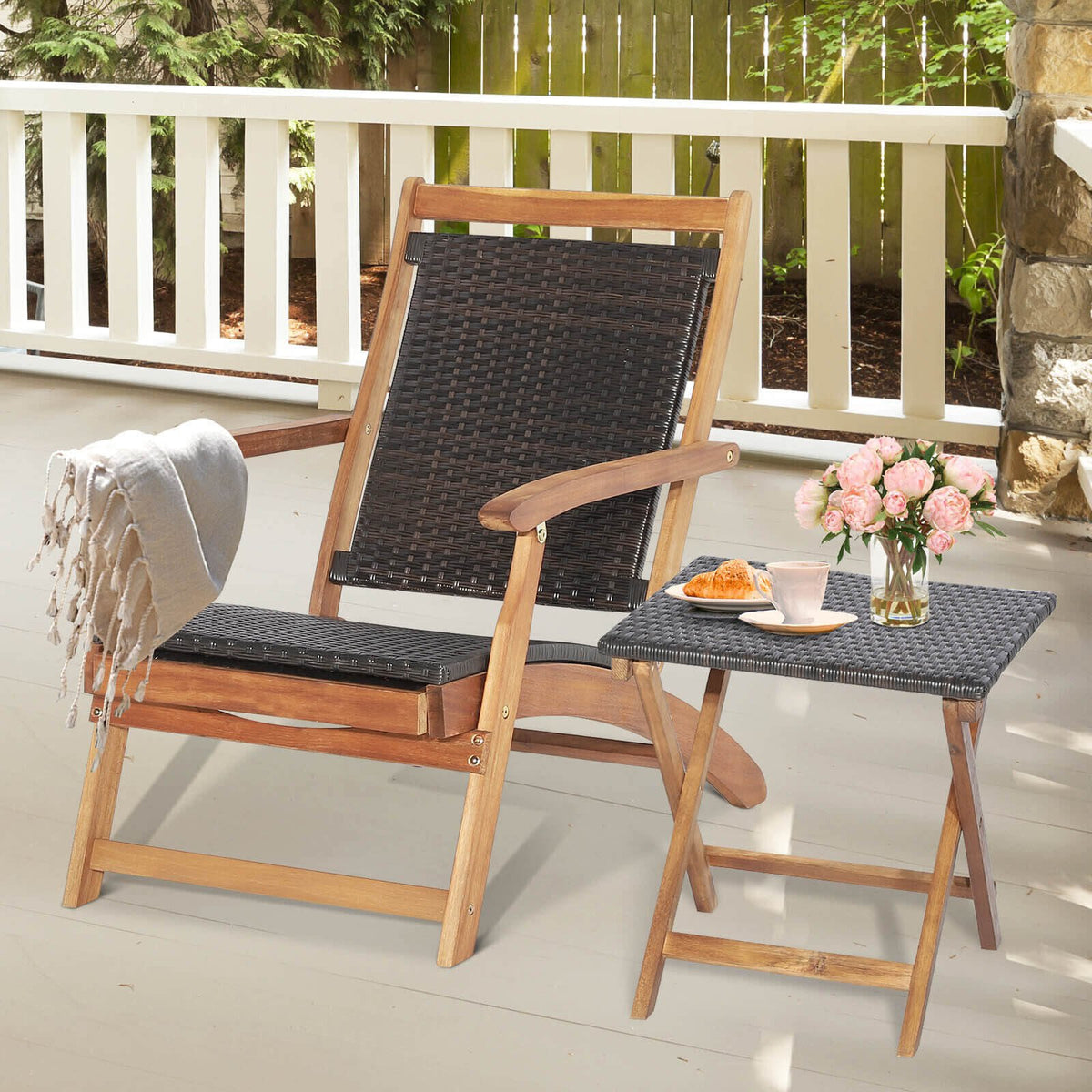 2 Pieces Patio Rattan Folding Lounge Chair with Acacia Wood Table view 2