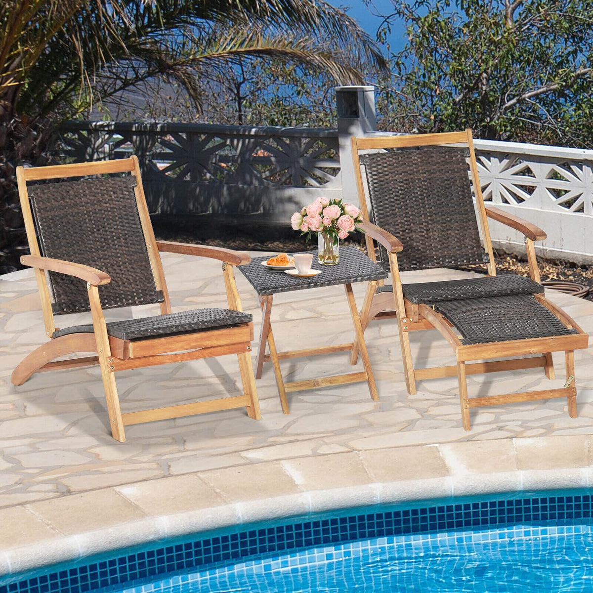 2 Pieces Patio Rattan Folding Lounge Chair with Acacia Wood Table view 3