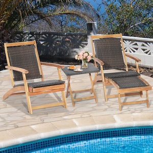 2 Pieces Patio Rattan Folding Lounge Chair with Acacia Wood Table view 3