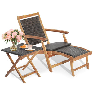 2 Pieces Patio Rattan Folding Lounge Chair with Acacia Wood Table view 4