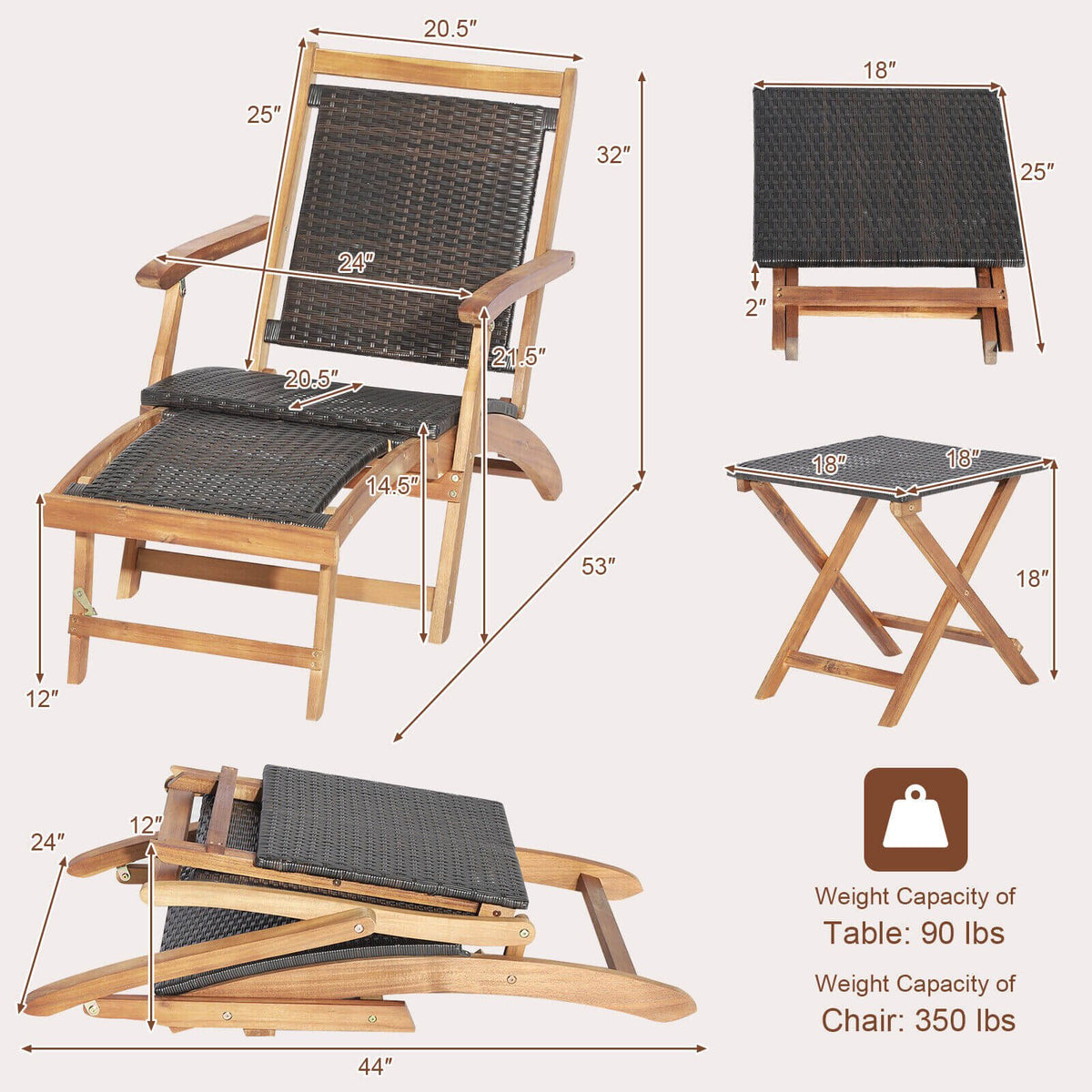 2 Pieces Patio Rattan Folding Lounge Chair with Acacia Wood Table view 5