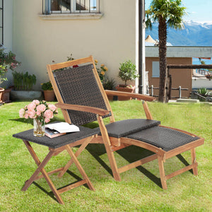 2 Pieces Patio Rattan Folding Lounge Chair with Acacia Wood Table view 6