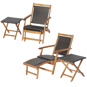 2 Pieces Patio Rattan Folding Lounge Chair with Acacia Wood Table view 7