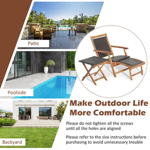 2 Pieces Patio Rattan Folding Lounge Chair with Acacia Wood Table view 8