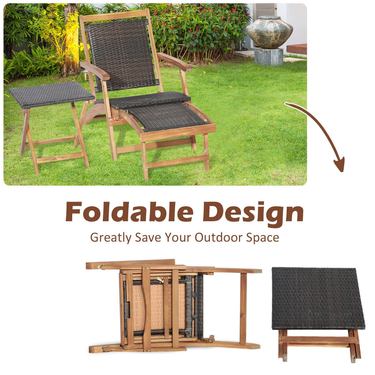 2 Pieces Patio Rattan Folding Lounge Chair with Acacia Wood Table view 9