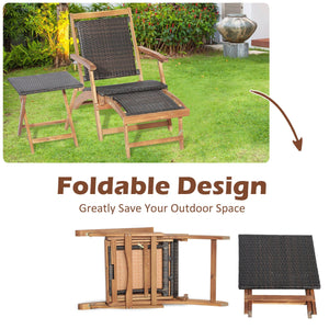 2 Pieces Patio Rattan Folding Lounge Chair with Acacia Wood Table view 9