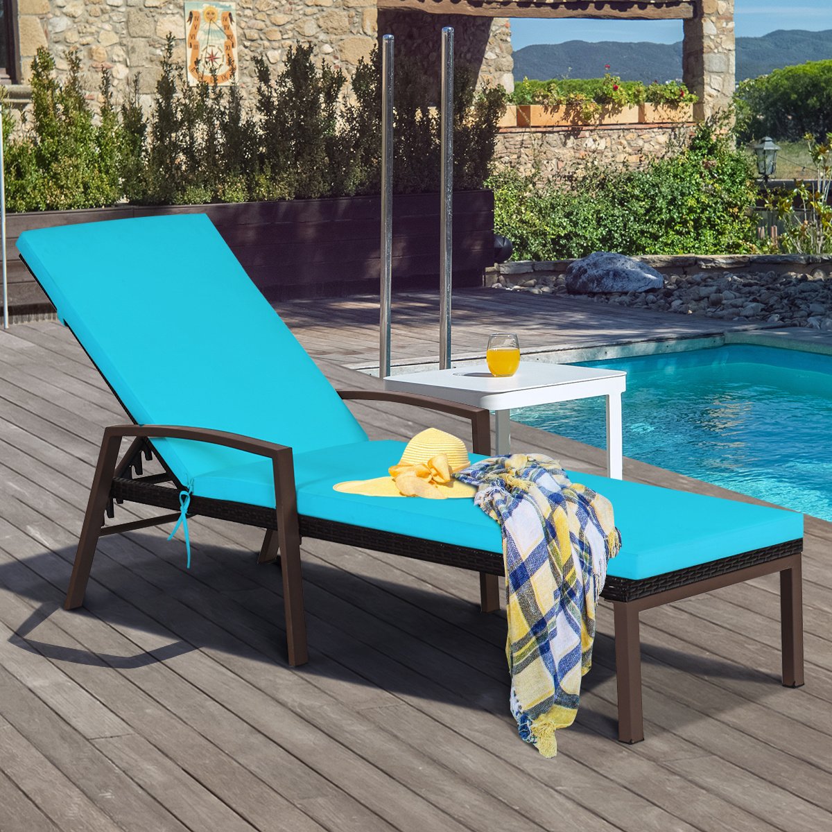 2 Pieces Patio Rattan Reclining Chaise Lounge Chair with Cushion and Armrest-Turquoise and White view 3