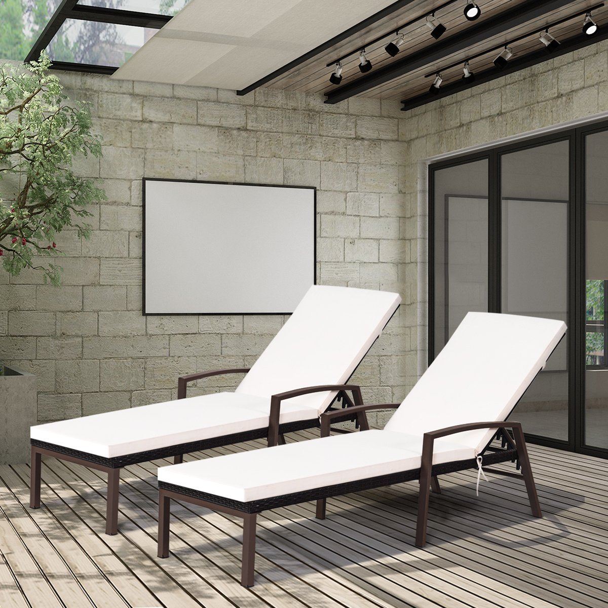 2 Pieces Patio Rattan Reclining Chaise Lounge Chair with Cushion and Armrest-Turquoise and White view 6