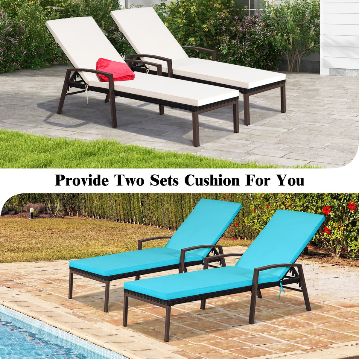 2 Pieces Patio Rattan Reclining Chaise Lounge Chair with Cushion and Armrest-Turquoise and White view 7