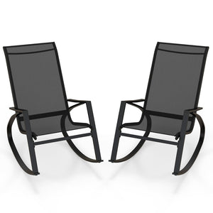 2 Pieces Patio Rocking Chairs Outdoor Sling Fabric Rockers with Ergonomic Backrest and Seat-Black