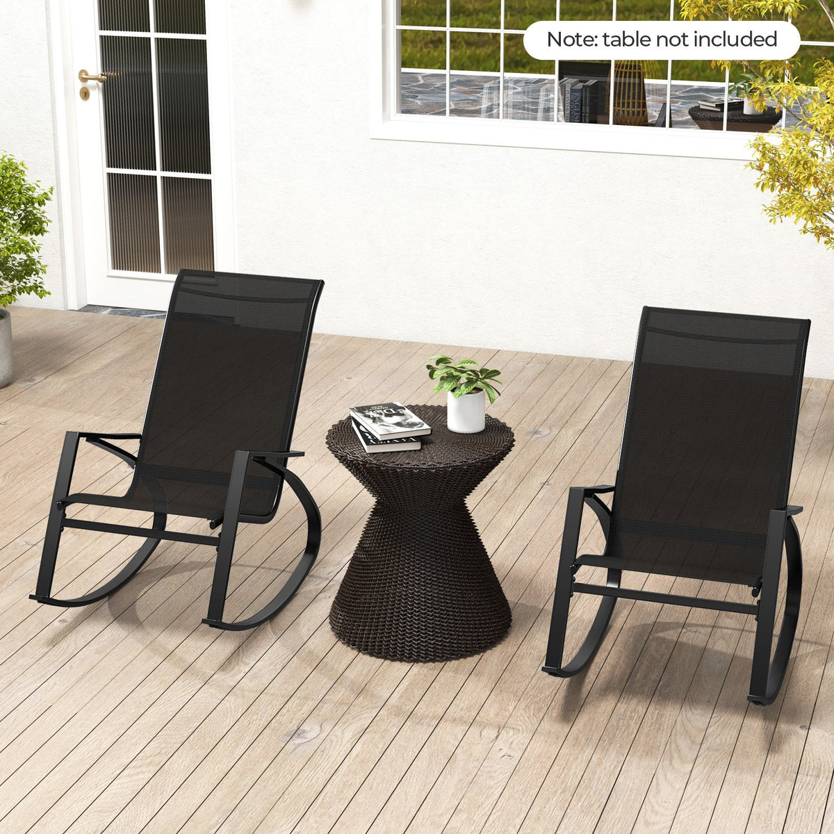 2 Pieces Patio Rocking Chairs Outdoor Sling Fabric Rockers with Ergonomic Backrest and Seat-Black view 2