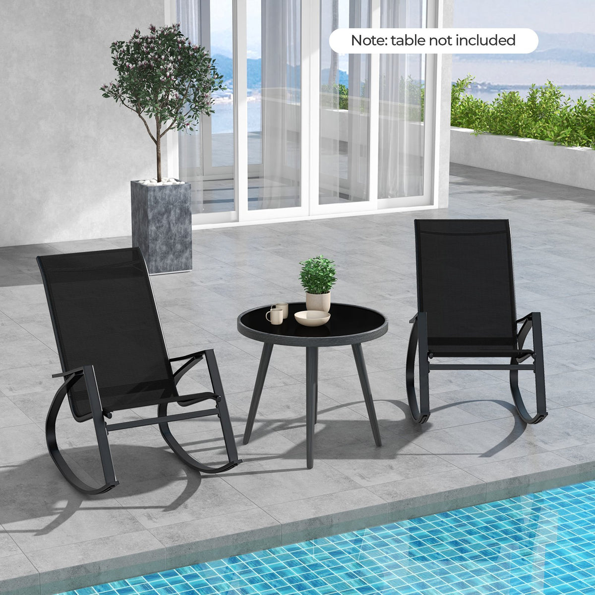 2 Pieces Patio Rocking Chairs Outdoor Sling Fabric Rockers with Ergonomic Backrest and Seat-Black view 3