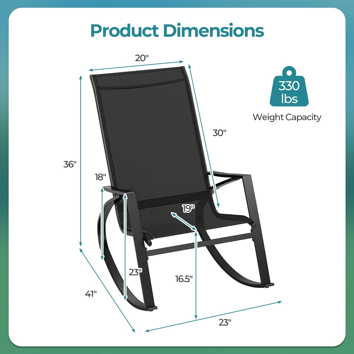 2 Pieces Patio Rocking Chairs Outdoor Sling Fabric Rockers with Ergonomic Backrest and Seat-Black view 4