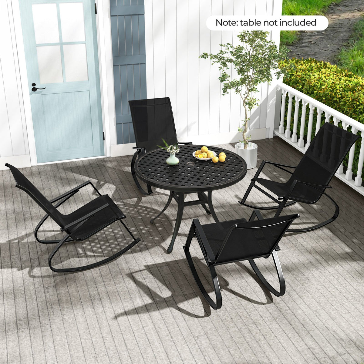 2 Pieces Patio Rocking Chairs Outdoor Sling Fabric Rockers with Ergonomic Backrest and Seat-Black view 5