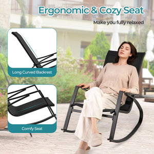 2 Pieces Patio Rocking Chairs Outdoor Sling Fabric Rockers with Ergonomic Backrest and Seat-Black view 6