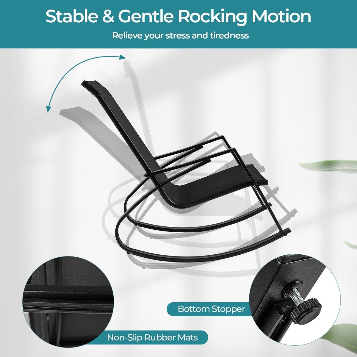 2 Pieces Patio Rocking Chairs Outdoor Sling Fabric Rockers with Ergonomic Backrest and Seat-Black view 8