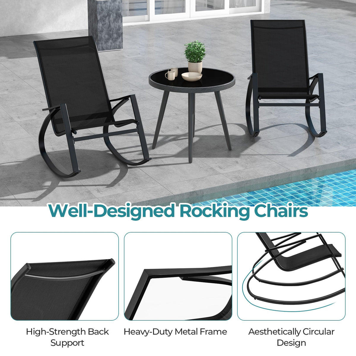 2 Pieces Patio Rocking Chairs Outdoor Sling Fabric Rockers with Ergonomic Backrest and Seat-Black view 9