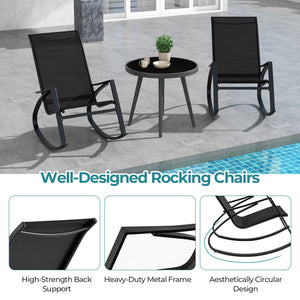 2 Pieces Patio Rocking Chairs Outdoor Sling Fabric Rockers with Ergonomic Backrest and Seat-Black view 9