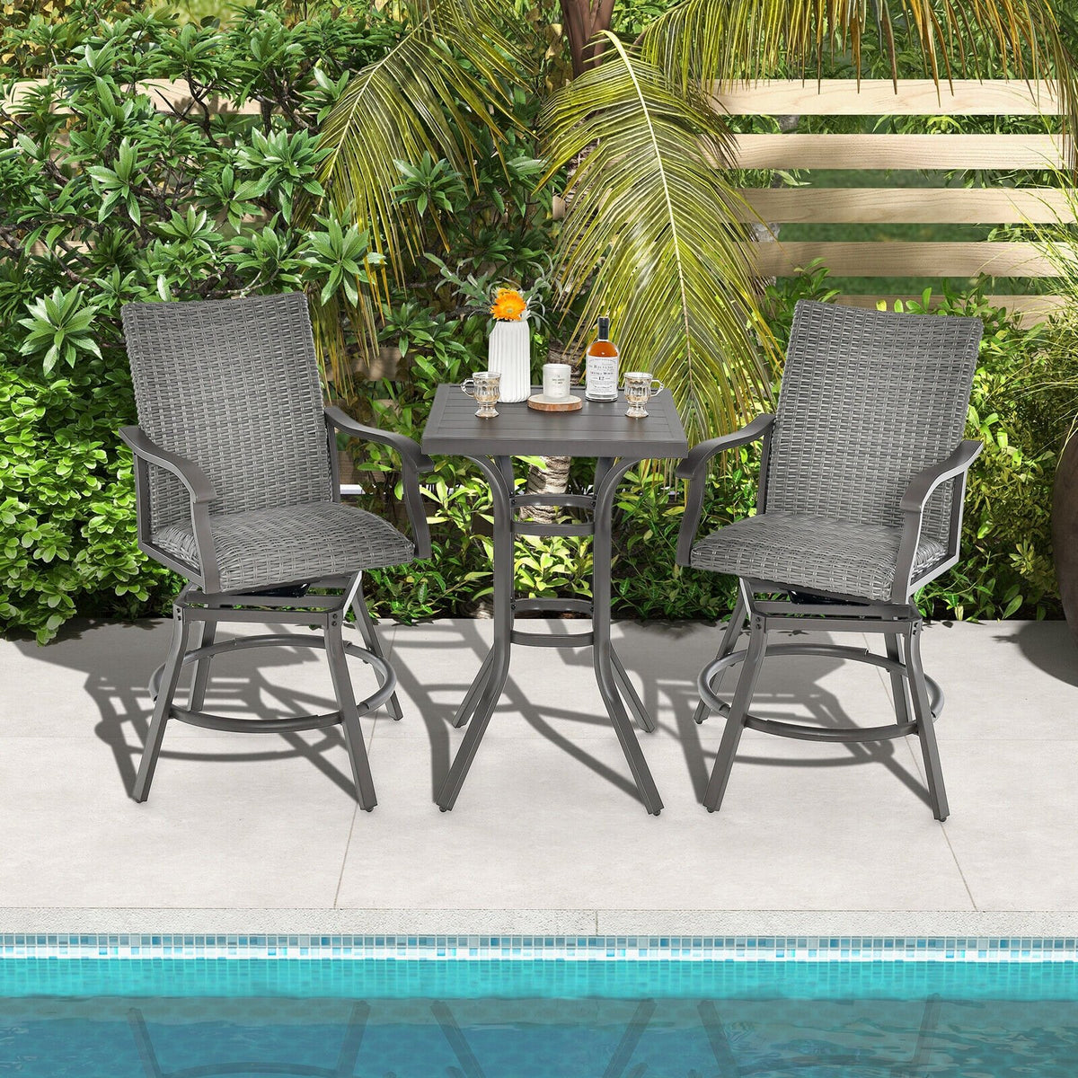 2 Pieces Patio Swivel Bar Chair Set with Quick Dry 4D Air Fiber Cushion view 2