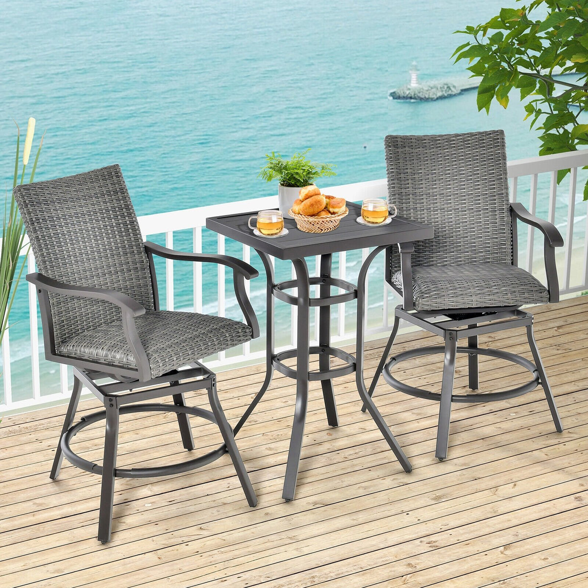 2 Pieces Patio Swivel Bar Chair Set with Quick Dry 4D Air Fiber Cushion view 6