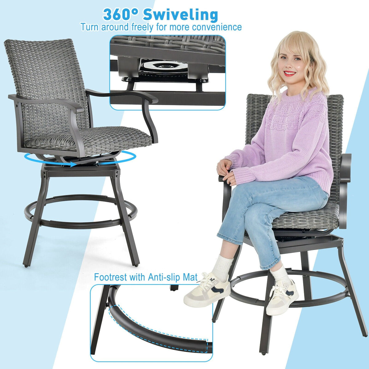2 Pieces Patio Swivel Bar Chair Set with Quick Dry 4D Air Fiber Cushion view 7