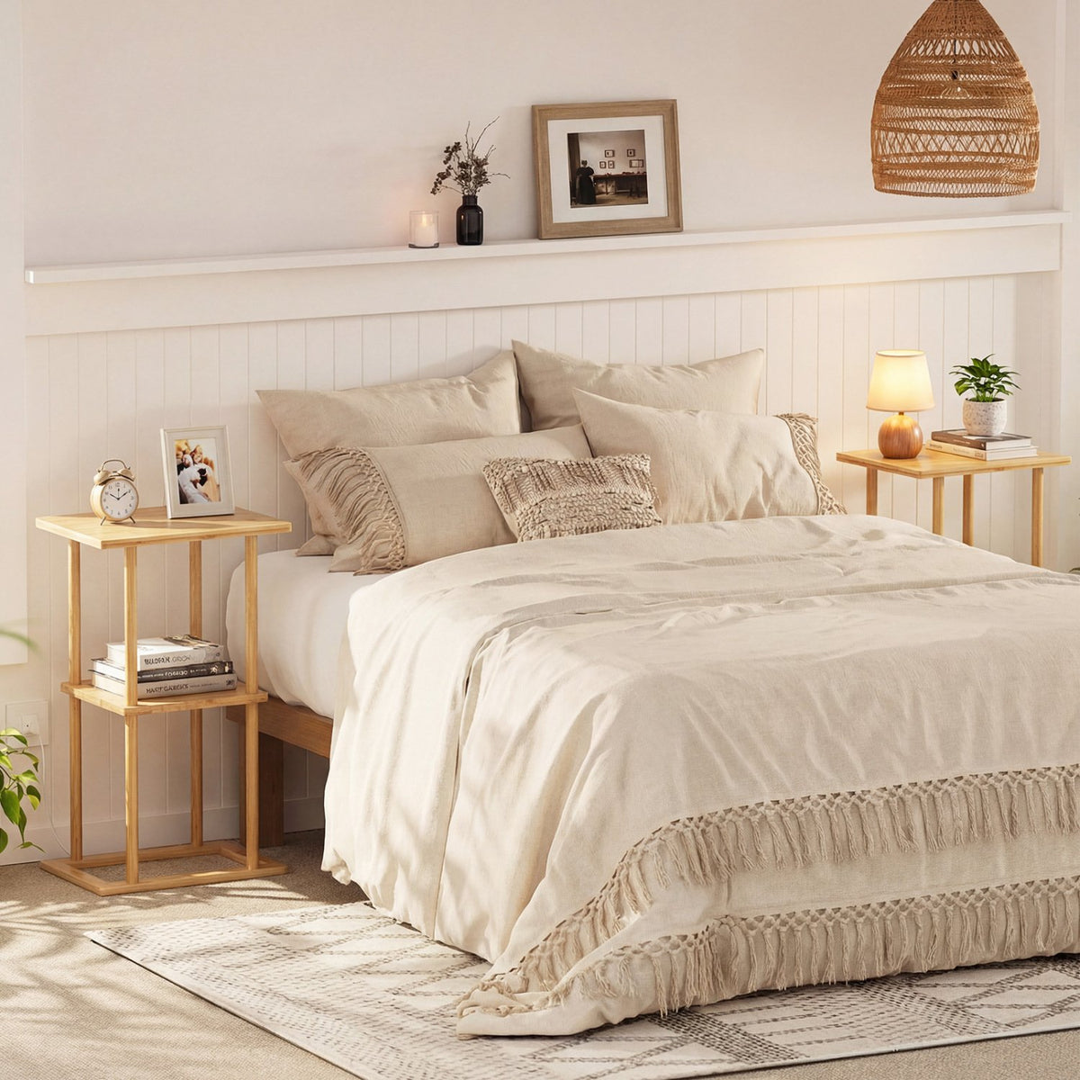 2 Pieces Side Table with Storage Shelves and Bamboo Construction-Natural view 2