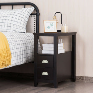 2 Pieces Wooden Bed-side Nightstand Set with 2 Drawers-Dark Brown view 2