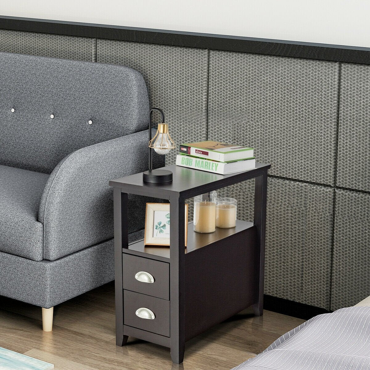 2 Pieces Wooden Bed-side Nightstand Set with 2 Drawers-Dark Brown view 3