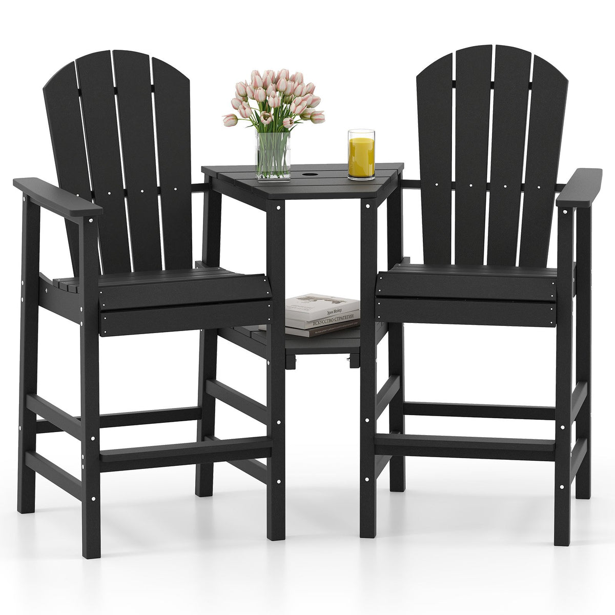 2-Seat Adirondack Chair All-Weather Adirondack Chair with Double Connecting Tray-Black