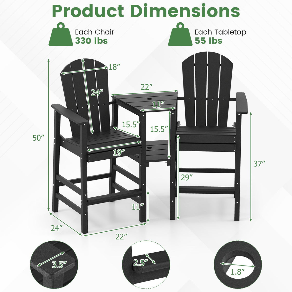 2-Seat Adirondack Chair All-Weather Adirondack Chair with Double Connecting Tray-Black view 5