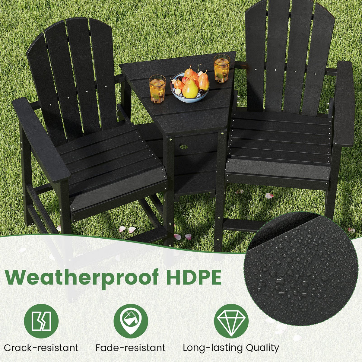 2-Seat Adirondack Chair All-Weather Adirondack Chair with Double Connecting Tray-Black view 7