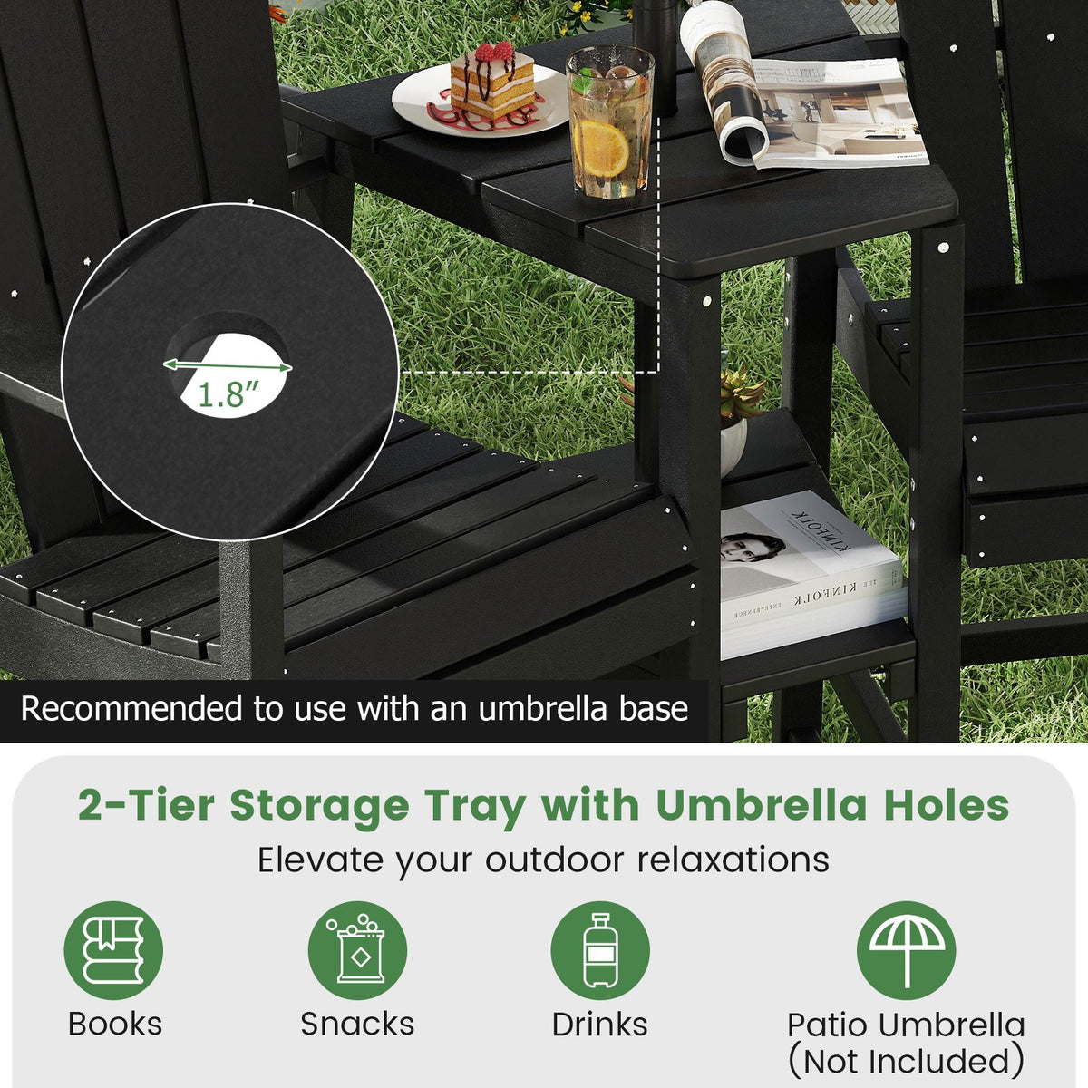 2-Seat Adirondack Chair All-Weather Adirondack Chair with Double Connecting Tray-Black view 8