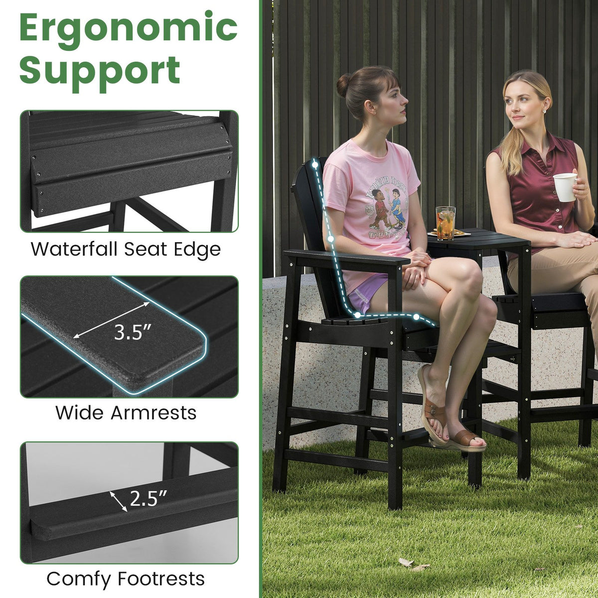 2-Seat Adirondack Chair All-Weather Adirondack Chair with Double Connecting Tray-Black view 9
