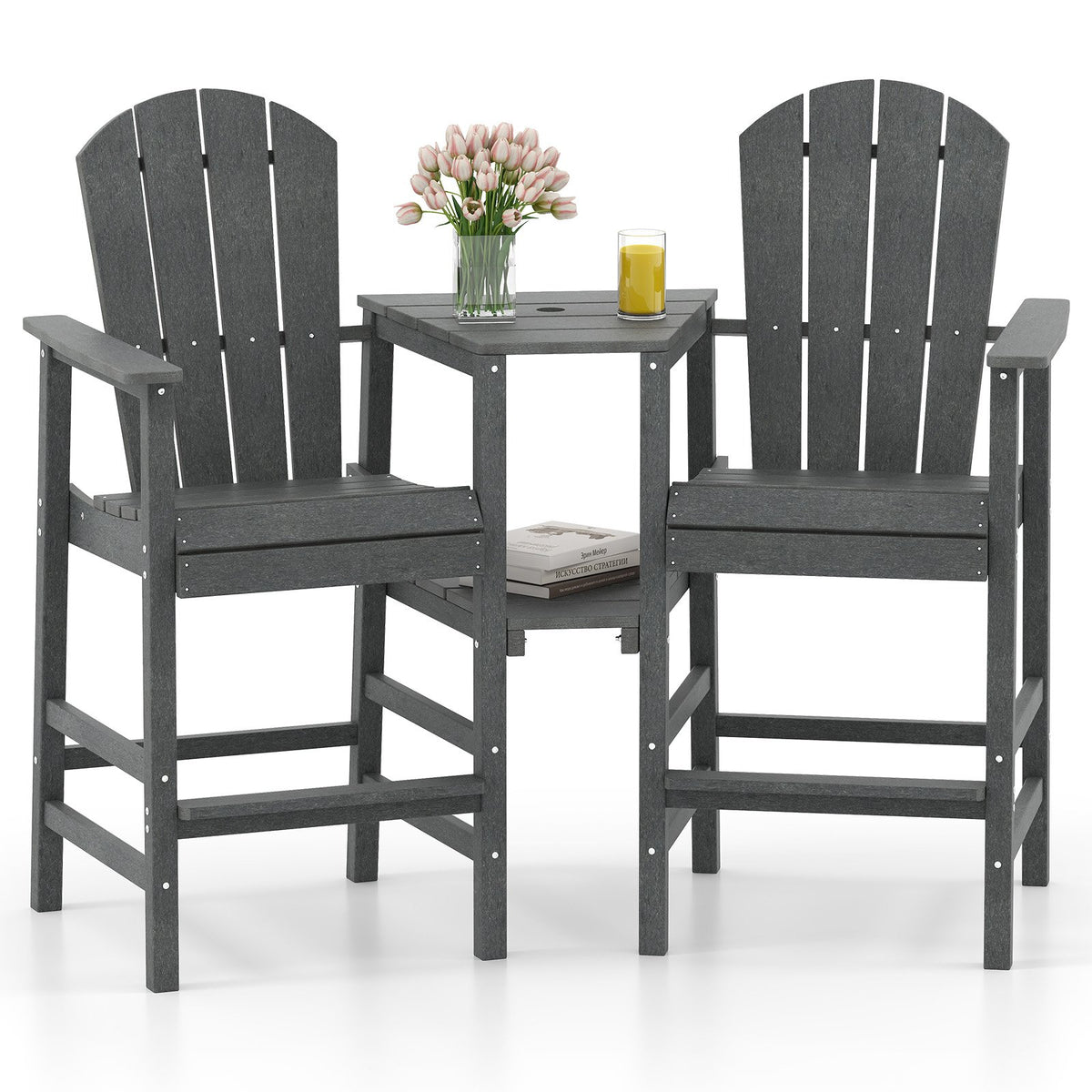 2-Seat Adirondack Chair All-Weather Adirondack Chair with Double Connecting Tray-Gray