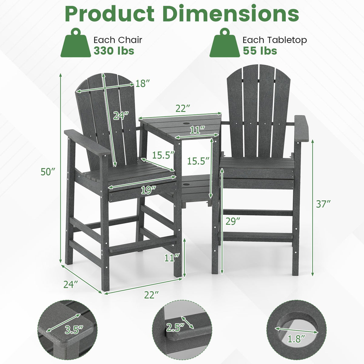 2-Seat Adirondack Chair All-Weather Adirondack Chair with Double Connecting Tray-Gray view 5