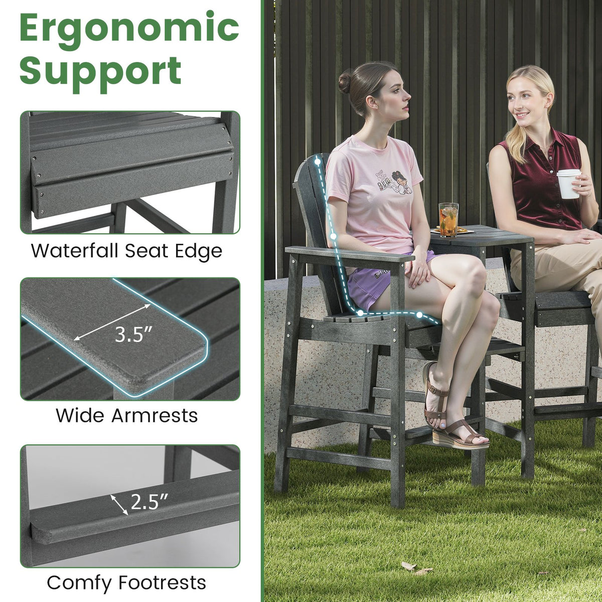 2-Seat Adirondack Chair All-Weather Adirondack Chair with Double Connecting Tray-Gray view 9