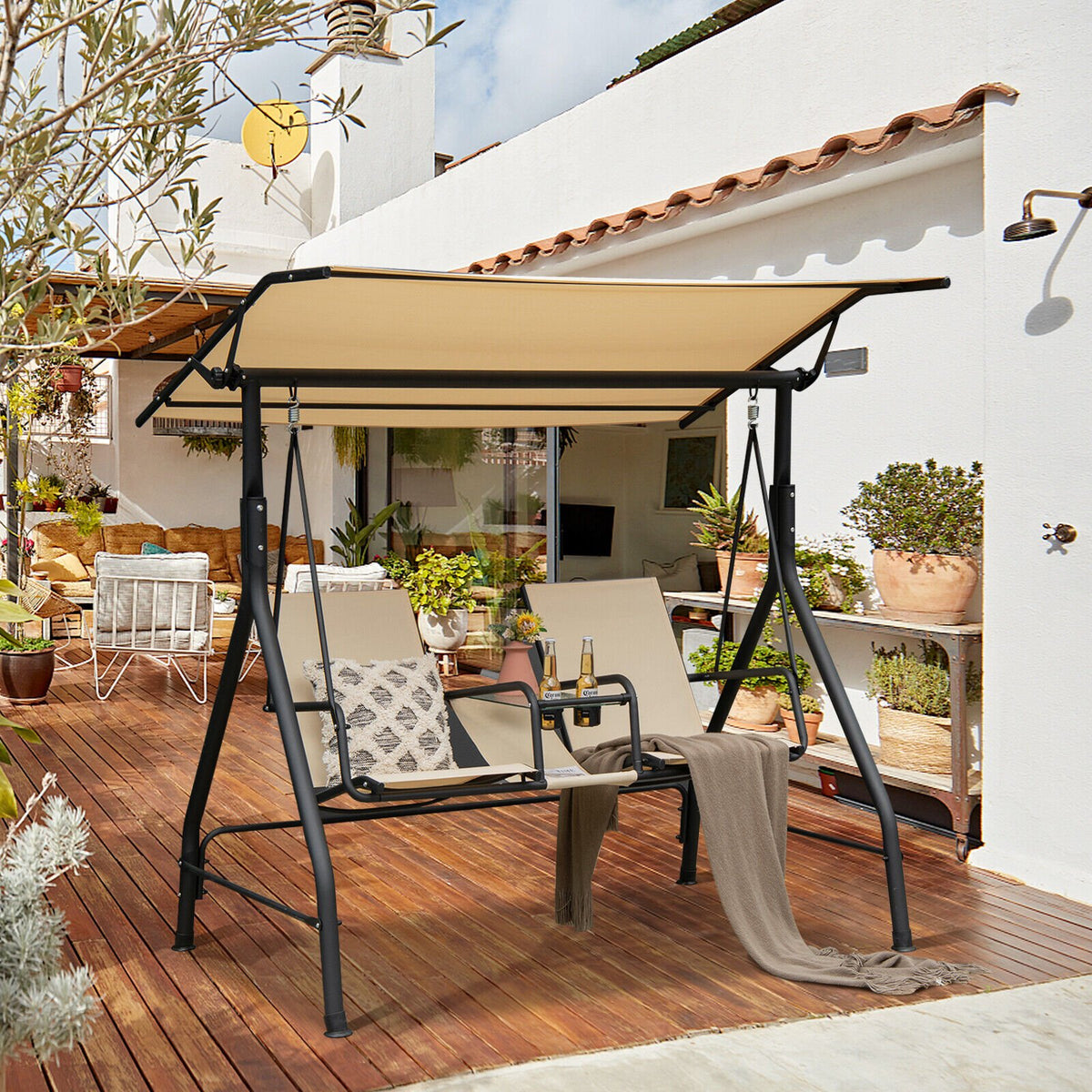 2-Seat Outdoor Cushioned Porch Swing with Adjustable Canopy and Tempered Glass Table-Beige view 2