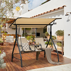 2-Seat Outdoor Cushioned Porch Swing with Adjustable Canopy and Tempered Glass Table-Beige view 2