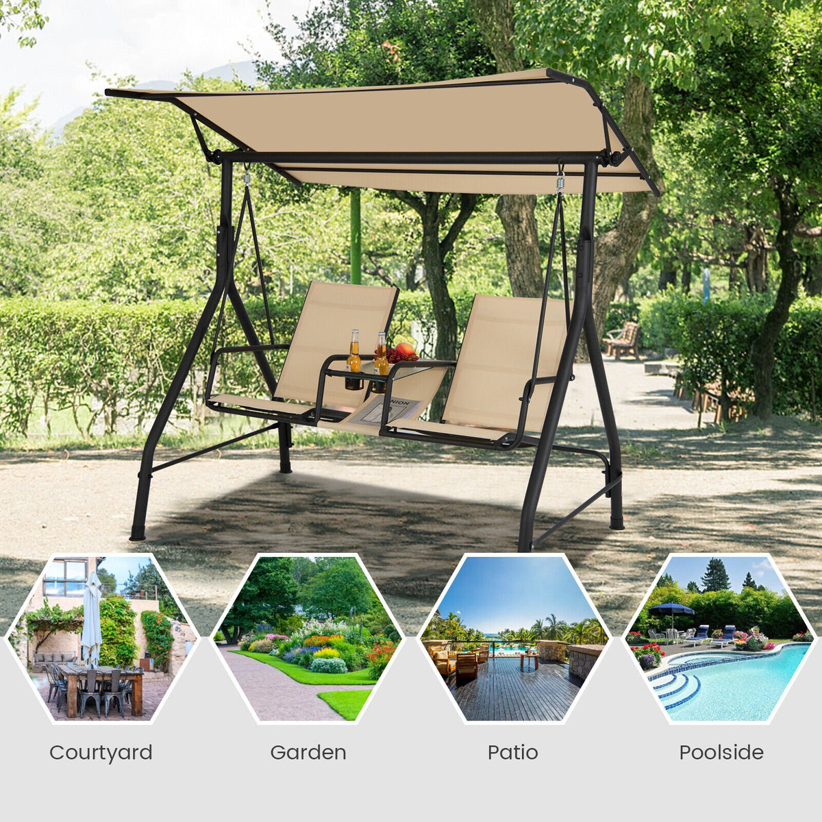 2-Seat Outdoor Cushioned Porch Swing with Adjustable Canopy and Tempered Glass Table-Beige view 3