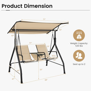 2-Seat Outdoor Cushioned Porch Swing with Adjustable Canopy and Tempered Glass Table-Beige view 4