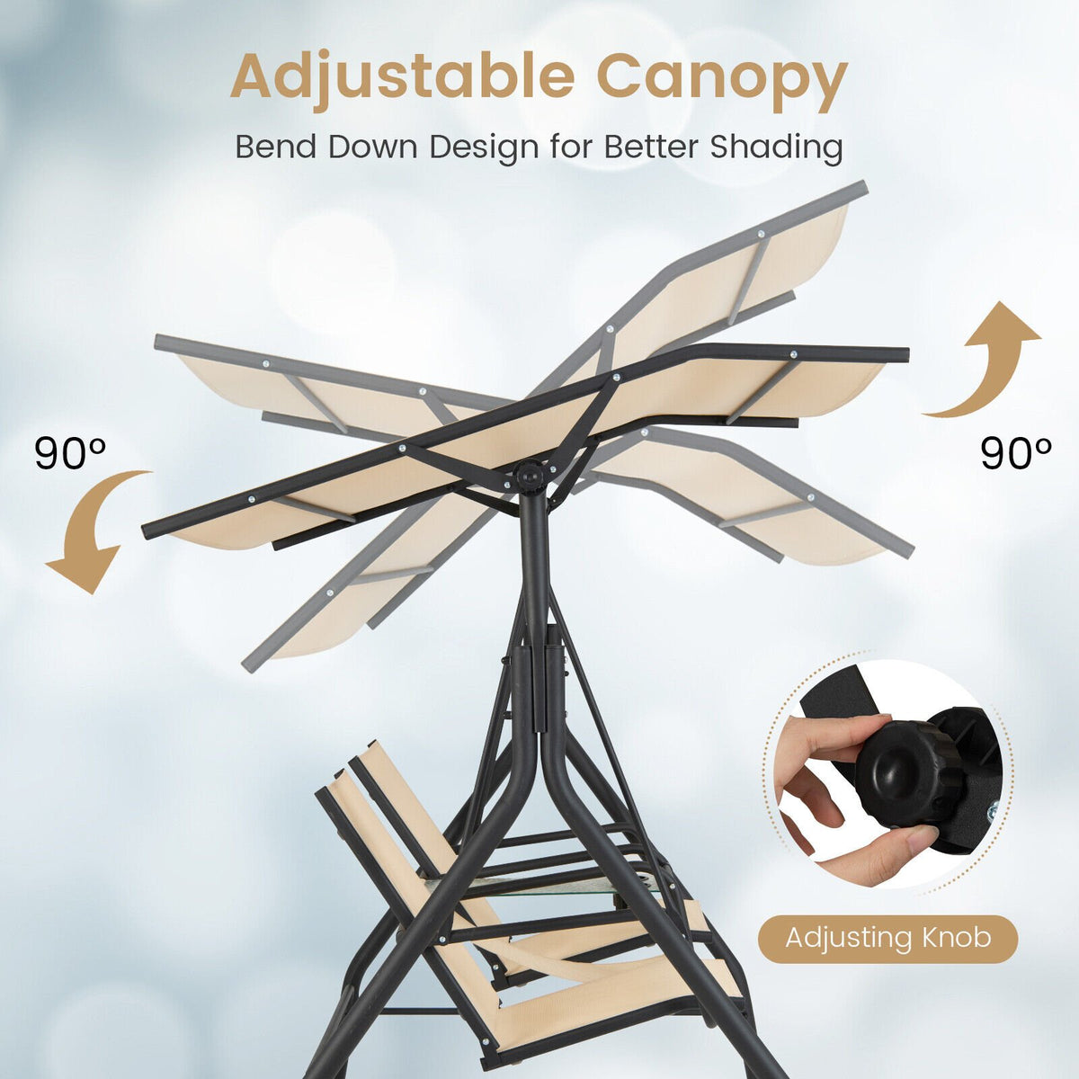 2-Seat Outdoor Cushioned Porch Swing with Adjustable Canopy and Tempered Glass Table-Beige view 5