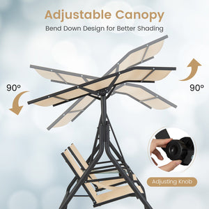 2-Seat Outdoor Cushioned Porch Swing with Adjustable Canopy and Tempered Glass Table-Beige view 5