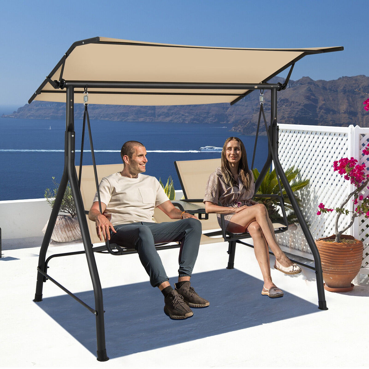 2-Seat Outdoor Cushioned Porch Swing with Adjustable Canopy and Tempered Glass Table-Beige view 6