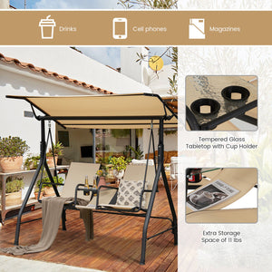 2-Seat Outdoor Cushioned Porch Swing with Adjustable Canopy and Tempered Glass Table-Beige view 7